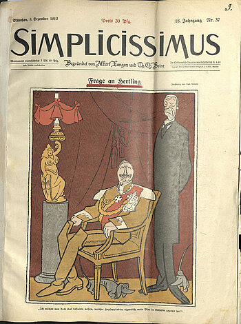 "Ich möchte nun doch mal definitiv wissen, welcher Hopfenhändler eigentlich mein Bier in Kelheim gezahlt hat!" Karikatur des Kaisers im Simplicissimus im Dezember 1913, Stadtarchiv Kelheim; Archivnummer: XIII.69/12