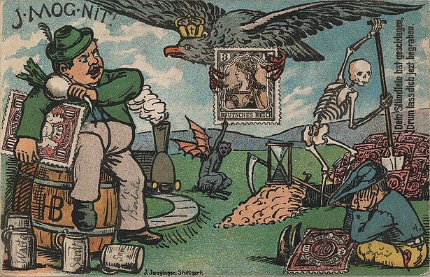 Zu sehen ist der Reichsadler mit Kaiserkrone, der die neue Briefmarke – die des Deutschen Reiches – in seinen Fängen hält. Auf der Briefmarke abgebildet ist die Germania. Die Briefmarke wird an ihrem unteren Rand von einem kleinen Teufel festgehalten.
Das Skelett in der rechten Bildhälfte symbolisiert das Deutsche Reich bzw. Preußen – hier als Totengräber – der die württembergischen Briefmarken vergräbt. Daneben ist die Aufschrift zu lesen: „Dein Stündlein hat geschlagen, / D’rum lass dich jezt begraben.“ Der Junge vorne im Bild beugt sich betrübt über eine württembergische Briefmarke, die auf seinen Beinen liegt.
Ein auf einem Bierfass sitzender Bayer vorne links im Bild hält grimmig und wild entschlossen Bayerisches fest: die bayerische Briefmarke und einen Rettich. Um ihn herum sind Bierkrüge, eine Anspielung auf die neue Maßeinheit. Über ihm steht „I mog nit“, wodurch nochmals sein Unmut über das Ende der Eigenständigkeit Bayerns deutlich wird.
