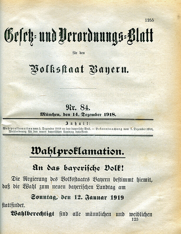 Im Dezember erfolgte der Beschluss, die ersten demokratischen Wahlen zum Bayerischen Landtag am 12. Januar 1919 abzuhalten. Hervorzuheben ist, dass alle Männer und Frauen ab dem 21. Lebensjahr wählen und gewählt werden durften. Mit den Wahlen erlosch die Existenz des Provisorischen Nationalrats.