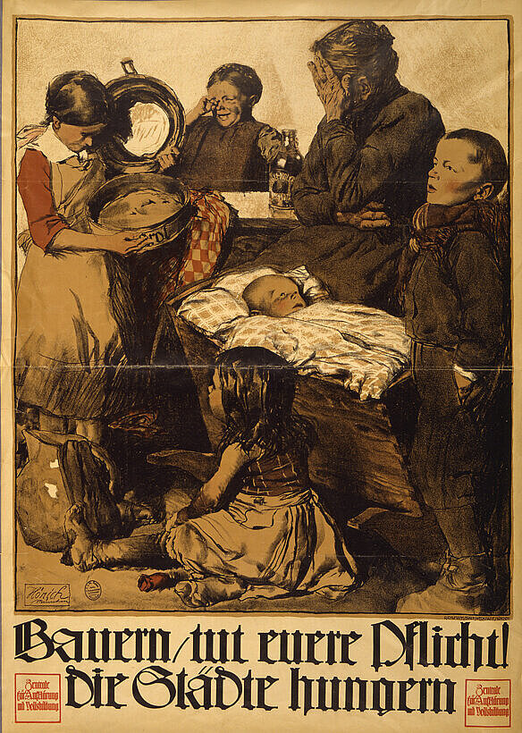 Um einen Tisch gruppiert sind sechs Personen. Eine alte Frau, evtl. die Großmutter, stützt sich mit ihrem rechten Arm auf den Tisch, mit ihrer linken Hand fasst sie sich an die Stirn, eine Geste der Verzweiflung. Die Frau in der Mitte reibt sich das Auge, möglicherweise weint sie. Das links im Bild stehende Mädchen blickt in eine leere Springform, in ihrer linken Hand hält es einen leeren Topf. Im Bildvordergrund sitzt ein barfüßiges Mädchen vor einer Wiege mit Baby, rechts daneben steht ein Bub. Die Brauntöne, in denen das Plakat gehalten ist, verdeutlichen die triste und ausweglose Situation der Familie. Der Vater fehlt, er ist wohl im Krieg. Das Plakat zeigt die Lage der Stadtbevölkerung aufgrund des Lebensmittelmangels. Es appelliert an die Bauern, den notleidenden Städtern die lebensnotwendigen Nahrungsmittel zukommen zu lassen. Pflicht könnte hier doppeldeutig zu verstehen sein: Zum einen gab es staatlich regulierte Abgabequoten, zum anderen die Pflicht zur nationalen Geschlossenheit.