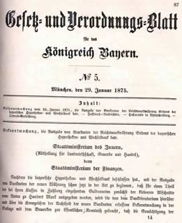 Bekanntmachung zur Ausgabe von Banknoten in Reichsmarkwährung 1875, S. 1