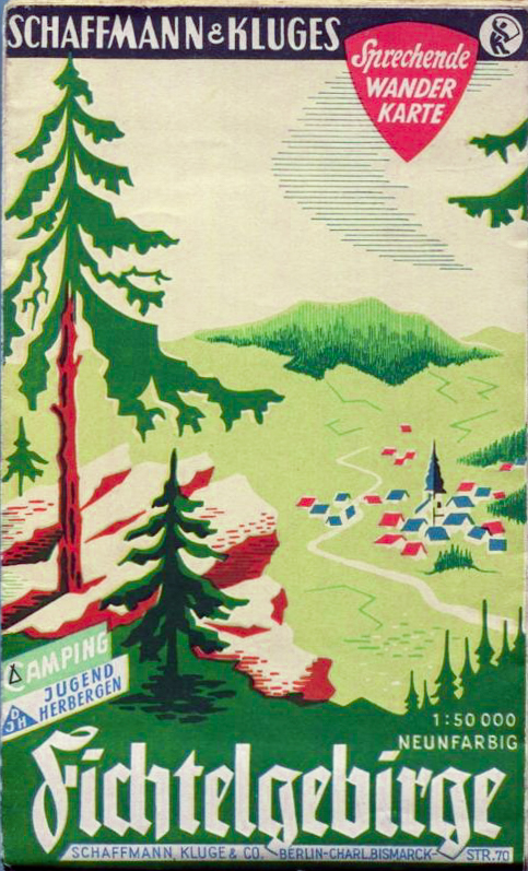 Wanderkarte des Westberliner Verlags Schaffmann & Kluge, die Camping-Plätze und Jugendherbergen verzeichnet, da viele Urlauber in den 50er-Jahren noch sparen mussten.