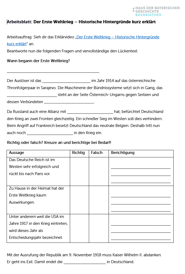 2. Arbeitsblatt zum Erklärvideo