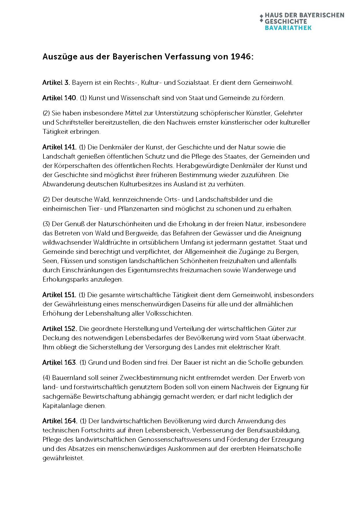 Auszüge aus der Bayerischen Verfassung von 1946