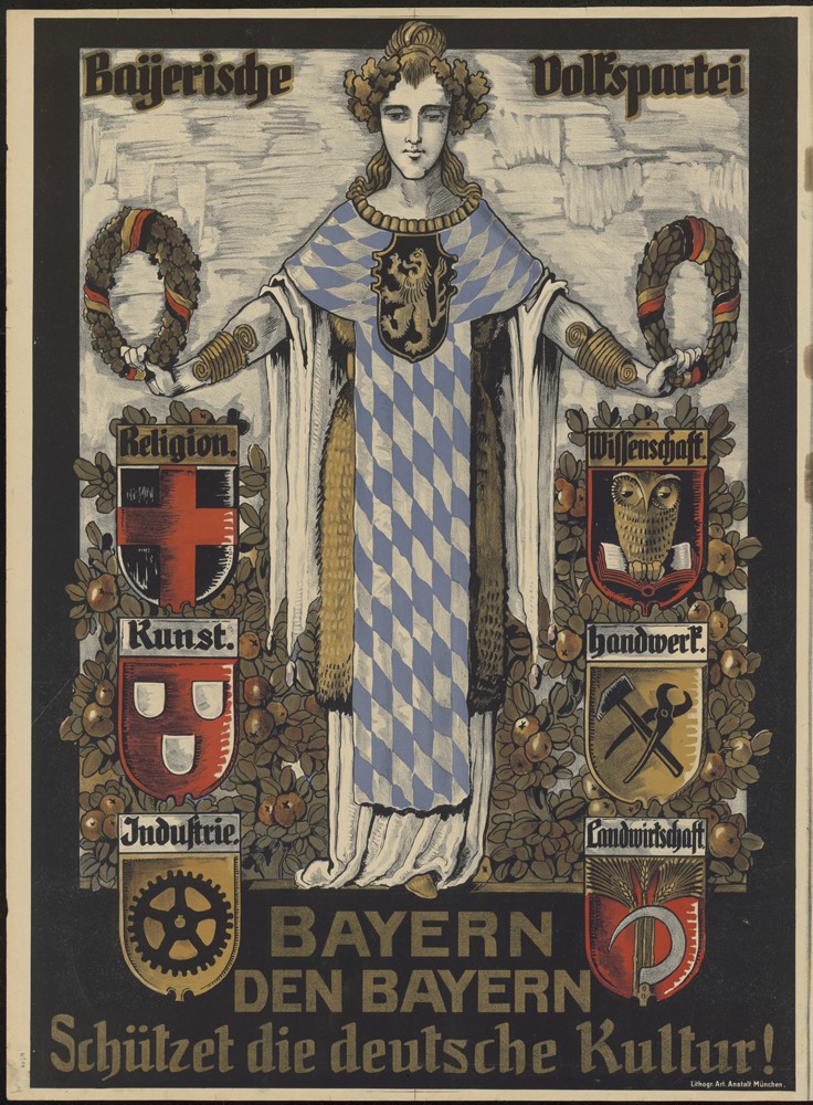 In der Mitte steht die Bavaria, gekleidet in ein Gewand mit den weiß-blauen Rauten der Wittelsbacher, in der Mitte der bayerische Löwe. Auf ihrem Haupt trägt sie einen Kranz aus Eichenblättern. In ihren ausgestreckten Armen hält sie Kränze, die mit einem schwarz-rot-goldenen Band umwunden sind. Bayern sieht sich als ein Teil Deutschlands. Durch die übergroße Bavaria wird das Bayerische auf dem Plakat hervorgehoben. Links und rechts neben ihr sind zwei Säulen aus Wappen, die für Religion, Kunst, Industrie, Wissenschaft, Handwerk und die Landwirtschaft stehen. Deutlich werden die Bayern als Wähler angesprochen. Die BVP verspricht, trotz der politischen Umwälzungen, die angesprochenen Bereiche zu schützen und zu bewahren.